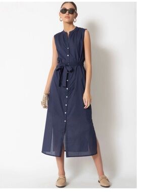 Tart Navy Adya Sleeveless Button Up Side Slit Organic Cotton Dress Size XS